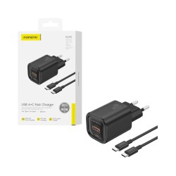 Carregador Foneng EU70 2 Portas USB-A+Tipo-C PD 20W com cabo Tipo-C para Tipo-C Preto